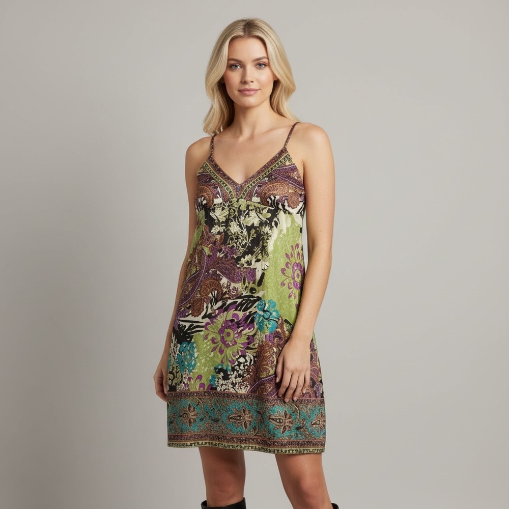 ECI | Boho Slip Dress Satin Floral V Neck Midi Dress Size 6 Adjustable Straps